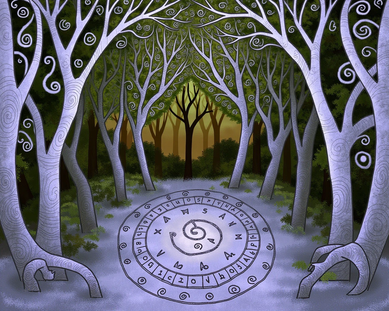 SecretKells, a mystical forest clearing at dusk, the trees forming a natural archway overhead, their branches filled with intricate swirls and patterns, the ground glowing faintly with Celtic runes, the soft sound of wind rustling through the leaves, tranquil and fantastical atmosphere.