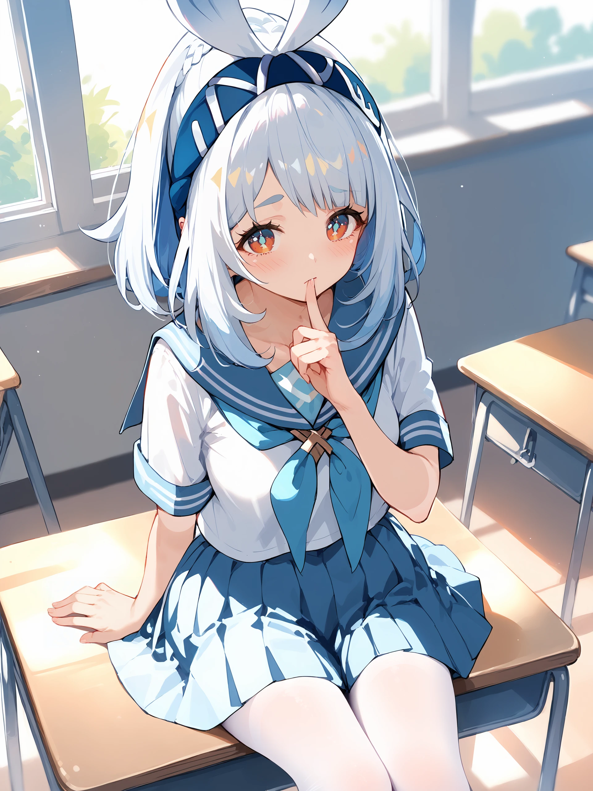 1girl, mualani \(genshin impact\), bow hairband, body paint, cowboy shot, shy, blush, serafuku, sailor collar, pleated skirt, white pantyhose, classroom, window, backlighting, sitting on school desk, depth of field, from above, finger to mouth <lora:Char-Genshin-Mualani-V1-Pony:0.9>, score_9, score_8_up, score_7_up, source_anime