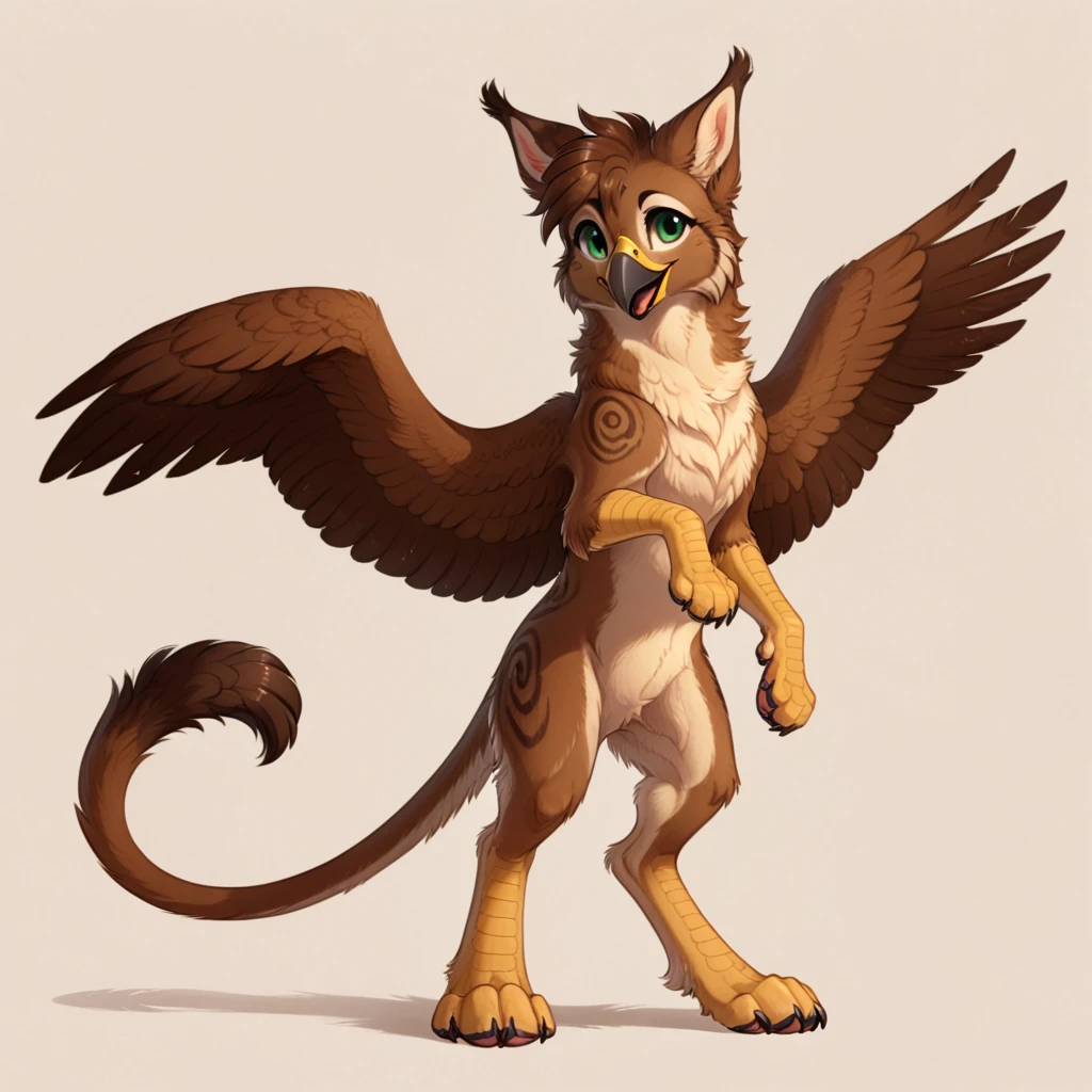 solo, gryphon, avian, mythological_avian, green_eyes, wings, feathers, simple_background, feathered_wings, beak, anthro, digital_media_(artwork), fur, brown_body, tuft, white_background, standing, toes, feet, 4_toes, paws, claws, brown_fur, mammal, feral, pawpads, smile, digitigrade, brown_feathers, fingers, open_mouth, tail, chest_tuft, ambiguous_gender, tail_tuft, hair, felid, nude, brown_hair, tan_body <lora:gosdoq_1.0SA:1>