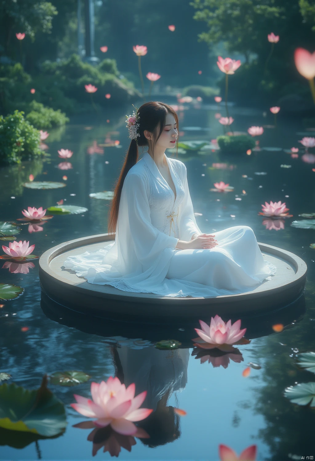 Girl sitting on a disc
a woman in a white dress
adorned with a flower in her hair
is seated on a circular pond that is surrounded by water. The pond is adorned with pink lotus flowers