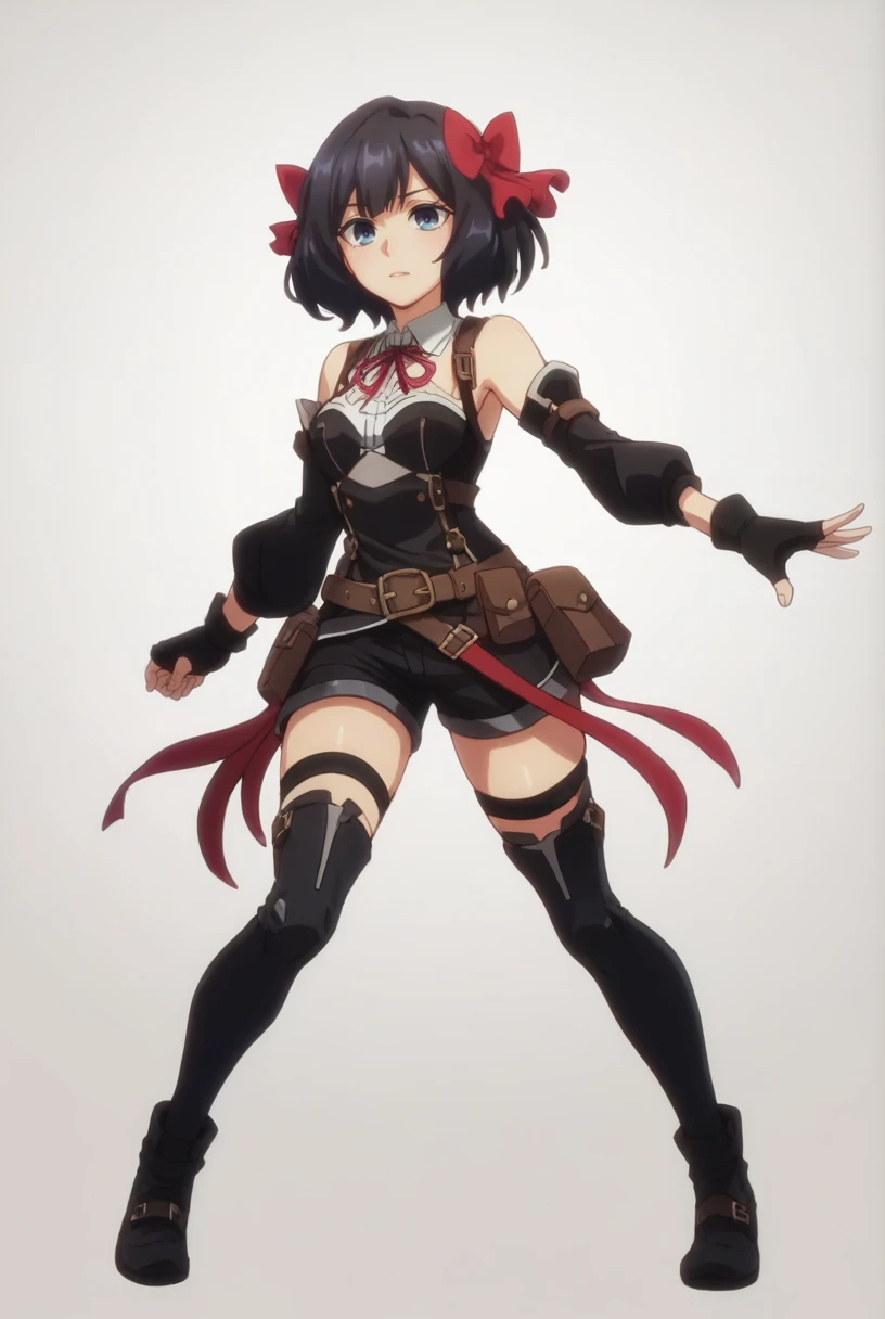 (score_9,score_8_up,score_7_up, ),<lora:TXWL_DN_v2.0_pony-000036:1>,
TXWL_DN,1girl,solo,
black hair,blue eyes,short hair,
black thighhighs,fingerless gloves,red ribbon,thighhighs,black gloves,hair bow,belt,detached sleeves,black shorts,belt pouch,black shirt,
simple_background,gray_background,full body