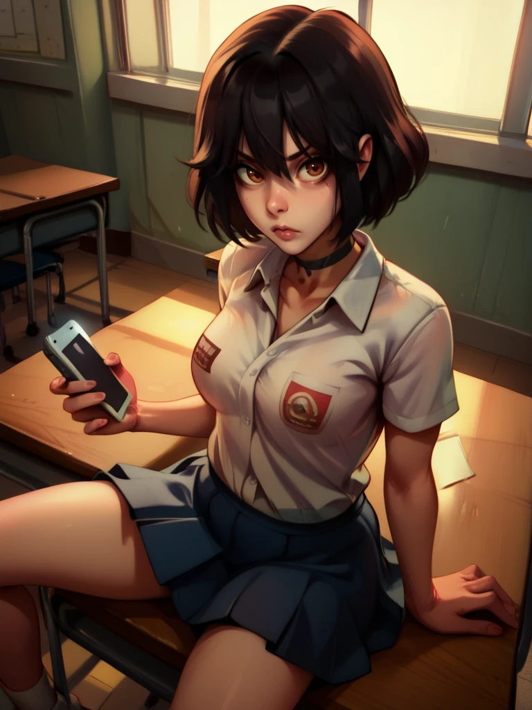 score_9, score_8_up, score_7_up, 1girl, holding a cellphone, looking at viewer, cowboy shot, dynamic pose, cute, solo, dutch angle, classroom, serious, :D, detailed background, dark vibes, from above, from side, wide shot, horror \(theme\), shy, haze around, dark light, sitting, spread legs, 
 <lora:LindaDD_character:0.85> LindaXLP, black hair, brown eyes, choker, white shirt, skirt, short hair,