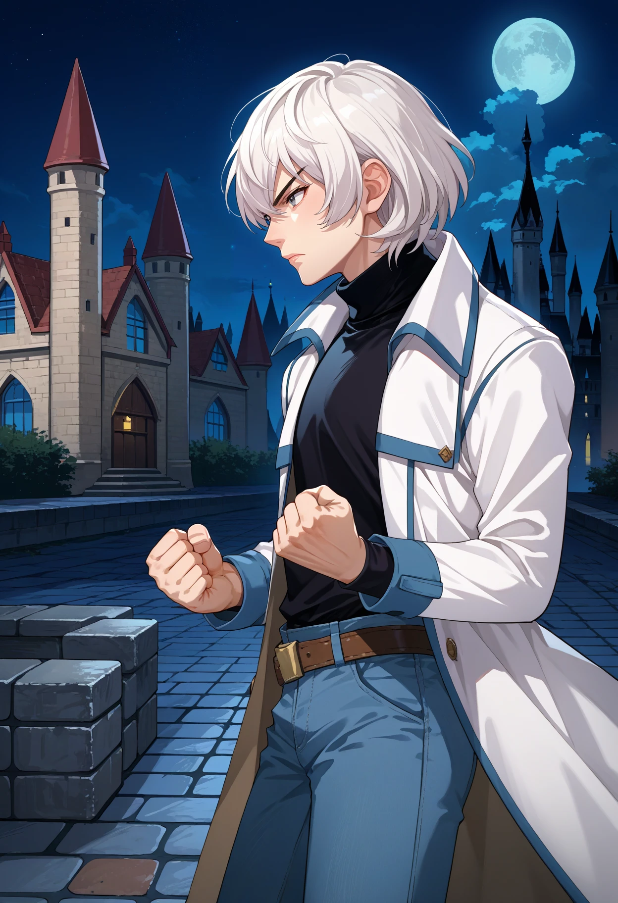 score_9, score_8_up, source_anime, 1boy, from side, serious, profile, clenched hand, <lora:SomaCV-pdxl:1> soma, white hair, short hair, grey eyes, white coat, open coat, long sleeves, black turtleneck, brown belt, blue pants, jeans, night, sky, castle, cobblestone