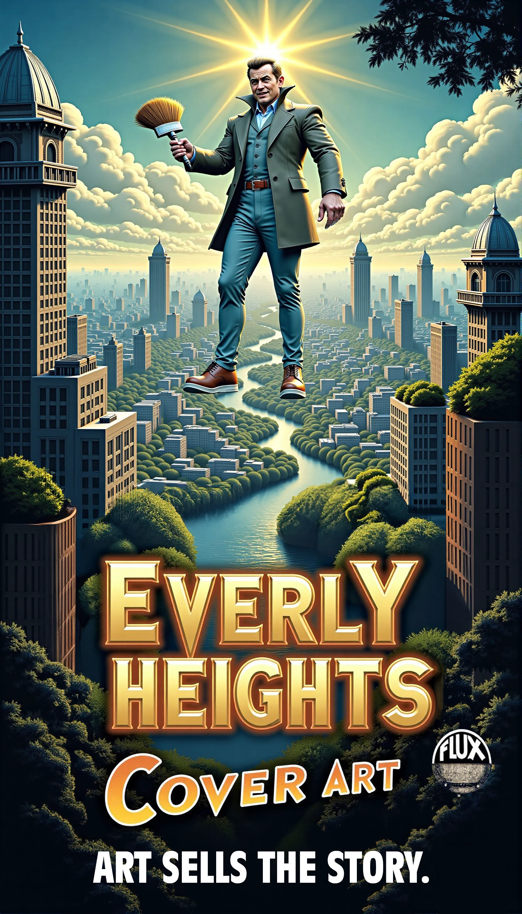 <lora:EverlyHeightCoverArtFLUX:1> A grandiose, classic movie poster layout with sweeping views of a futuristic city, combining both nature and towering metallic skyscrapers. A large, central graphic designer is seen in the background, holding an art brush and looking over the city as though creating it from scratch. Below, the title "Everly Heights Cover Art " is displayed in a classic, golden font, illuminated as if on a theater marquee, with a little tacked on text that says "FLUX" in the lower right of the title area. The poster evokes nostalgia while blending it with modern technology, tagline: "Art That Sells Your Story."