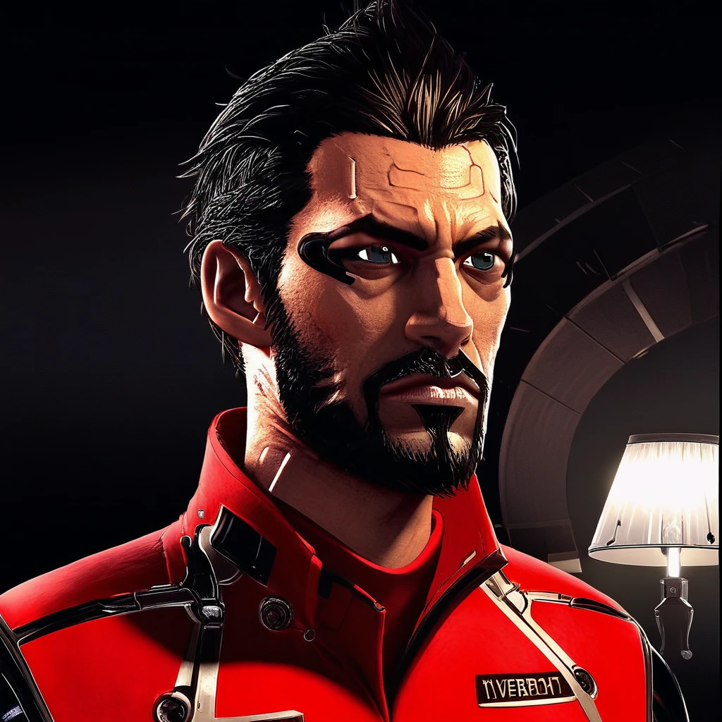 black background, cybernetic arms, indoor background with books and lamp, red prisoner's uniform, tilted head, adam_jensen, face portrait