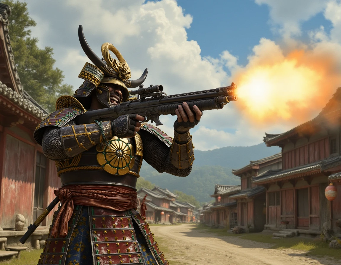 An oil painting of a ACYasuke man in samurai armor standing in a feudal Japanese village firing a M60 light machine gun while laughing