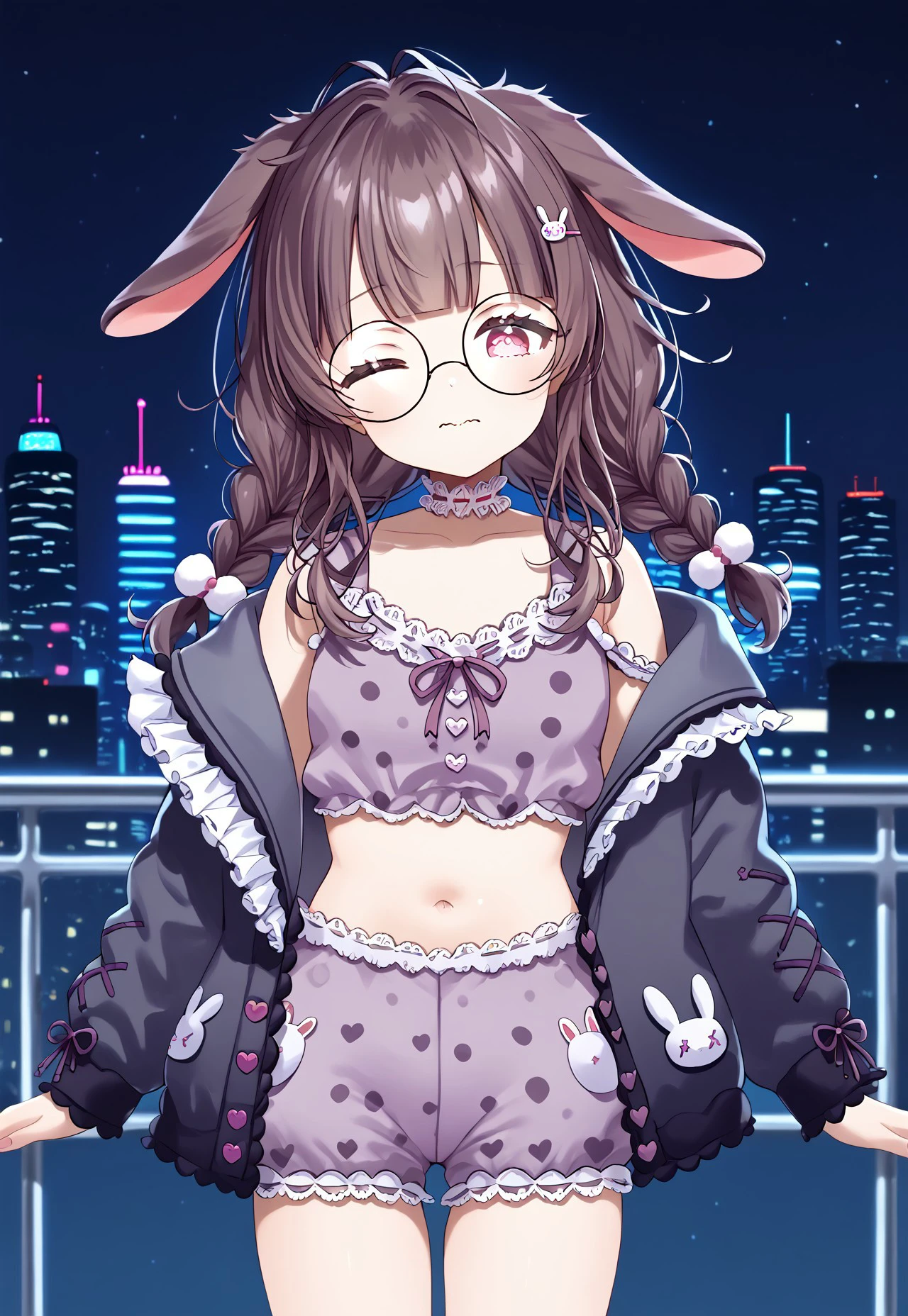 safe_pos, 1girl, solo, highres, Shondo3rd, long hair, hair ornament, bangs, pink eyes, animal ears, glasses, brown hair, rabbit ears, rabbit hair ornament, braid, round eyewear, twin braids, hairclip, 

pajamas, crop top, pink shorts, polka dot, choker, navel, shorts, frills, midriff, collarbone, jacket, off shoulder, long sleeves,
 
looking at viewer, head tilt, rubbing eyes, wavy mouth, squeans, one eye closed,

night, night sky, cityscape, neon lights, backlighting,