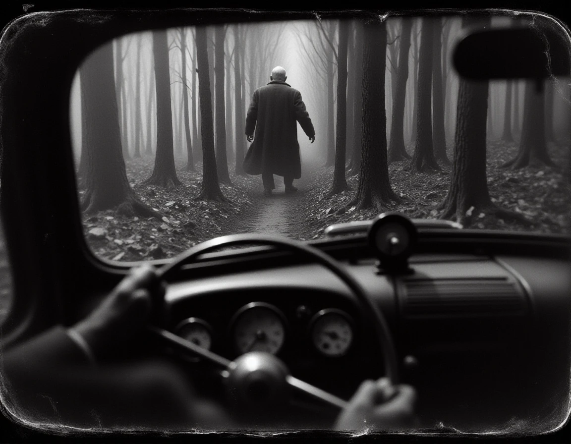 TheScaryDoor, a 1900's rough black and white photograph ,the scene is suspenseful and eerie.  close up bust portrait of a driving frantically through a forest, nervous and terrified.  <lora:The_Scary_Door-Flux:1>