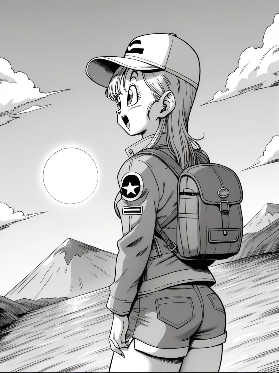 score_9, score_8_up, score_7_up, masterpiece, high quality, yamamoto_b_w_doujin,
, YamamotoXLP, doujin cover, manga, monochrome, cartoon,
 <lora:YamamotoXLP_Style:0.5>, <lora:Bulma_Yamamoto_doujin-06:0.5>,
1girl, solo, bulma, yamamoto_b_w_doujin, monochrome, dutch angle, open mouth, :o, shorts, aviator jacket, cap, sun, outside, mountain, backpack, looking ahead