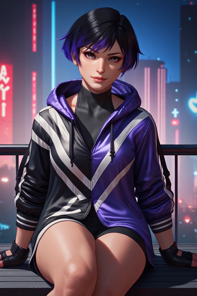 score_9, score_8_up, score_7_up, 
<lora:TKReina:0.8>
TKReina, 1girl, black hair, purple hair, multicolored hair, short hair, looking at viewer, sitting cross-legged overlooking a night city during last light