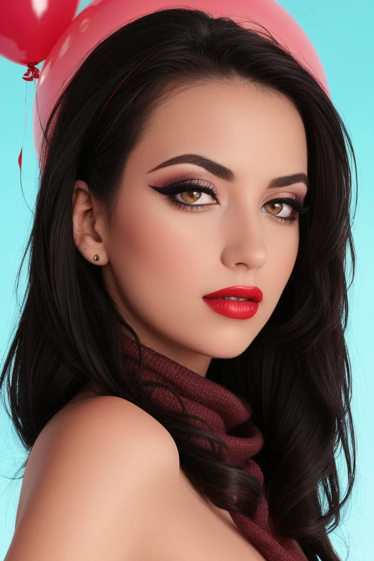 <lora:janadefi:0.6>, janadefi, ((fully clothed, modest)) , ((red lipstick, blush, eyeliner, eye shadow)), ((masterpiece, best quality, extremely detailed, high resolution)), ((detailed eyes, detailed face):1.2), , photo of a woman, ,fashion portrait photo of a woman from the 60s wearing a red turtleneck standing in the middle of a ton of balloons, taken on a hasselblad medium format camera,