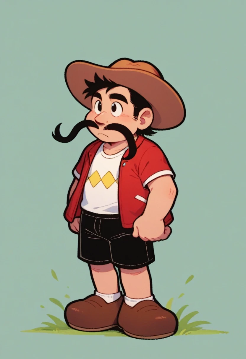 chiquito_lupelito, solo, shirt, black hair, 1boy, hat, standing, white shirt, full body, black eyes, male focus, short sleeves, shorts, shoes, facial hair, black shorts, brown footwear, mustache, red jacket