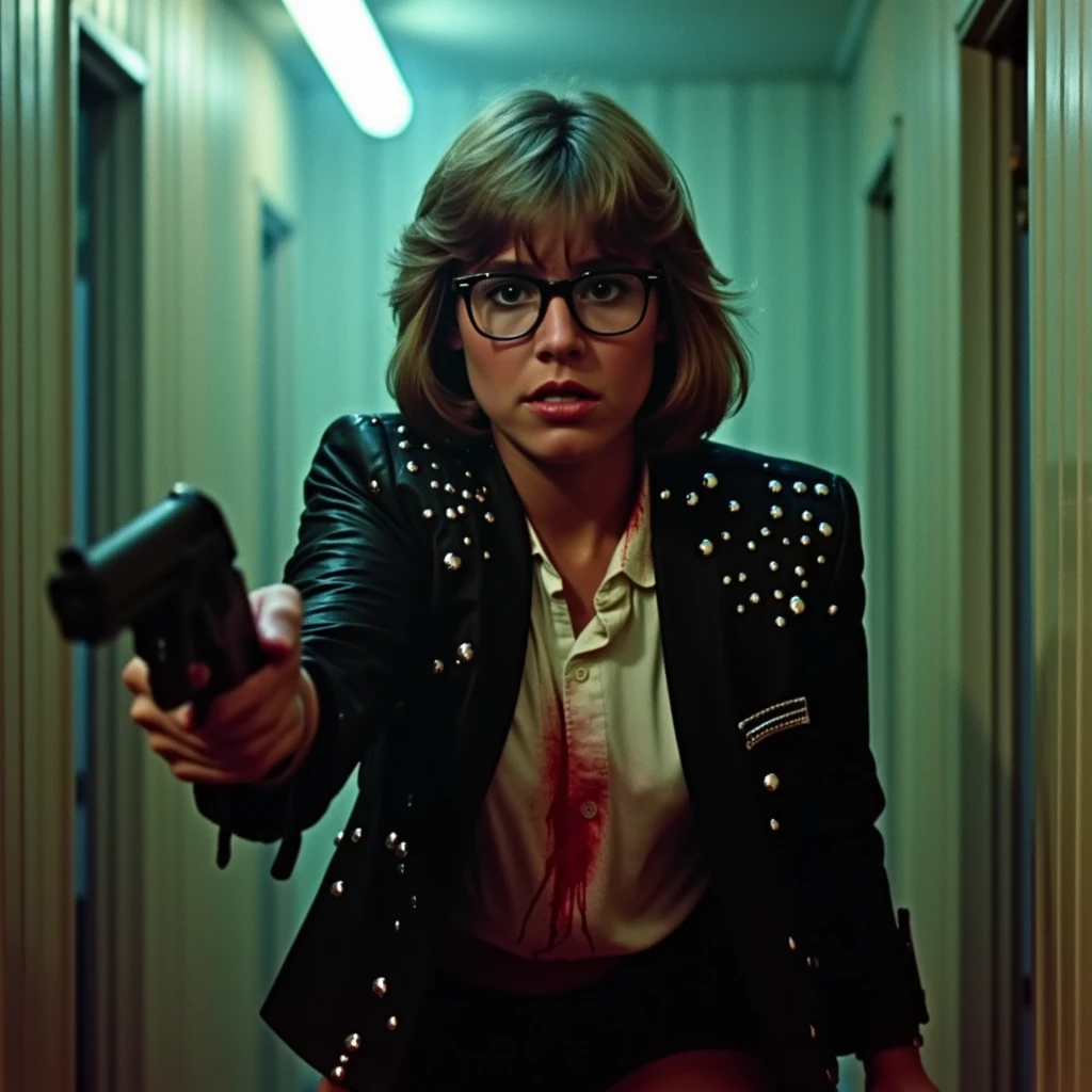 Cinematic,, harsh direct lighting, full body shot, girl wearing an 80s fashion outfit, with glasses, short hair, jacket, she looks distressed and worried, she's wielding a gun and has blood on her clothes. ultra detailed textures, 80s photography, Ultracam 35mm, (grainy film:1), in camp crystal where jason voorhees lurks around