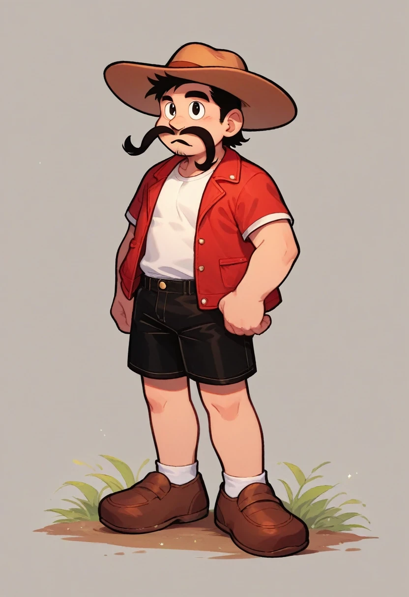 chiquito_lupelito, solo, shirt, black hair, 1boy, hat, standing, white shirt, full body, black eyes, male focus, short sleeves, shorts, shoes, facial hair, black shorts, brown footwear, mustache, red jacket