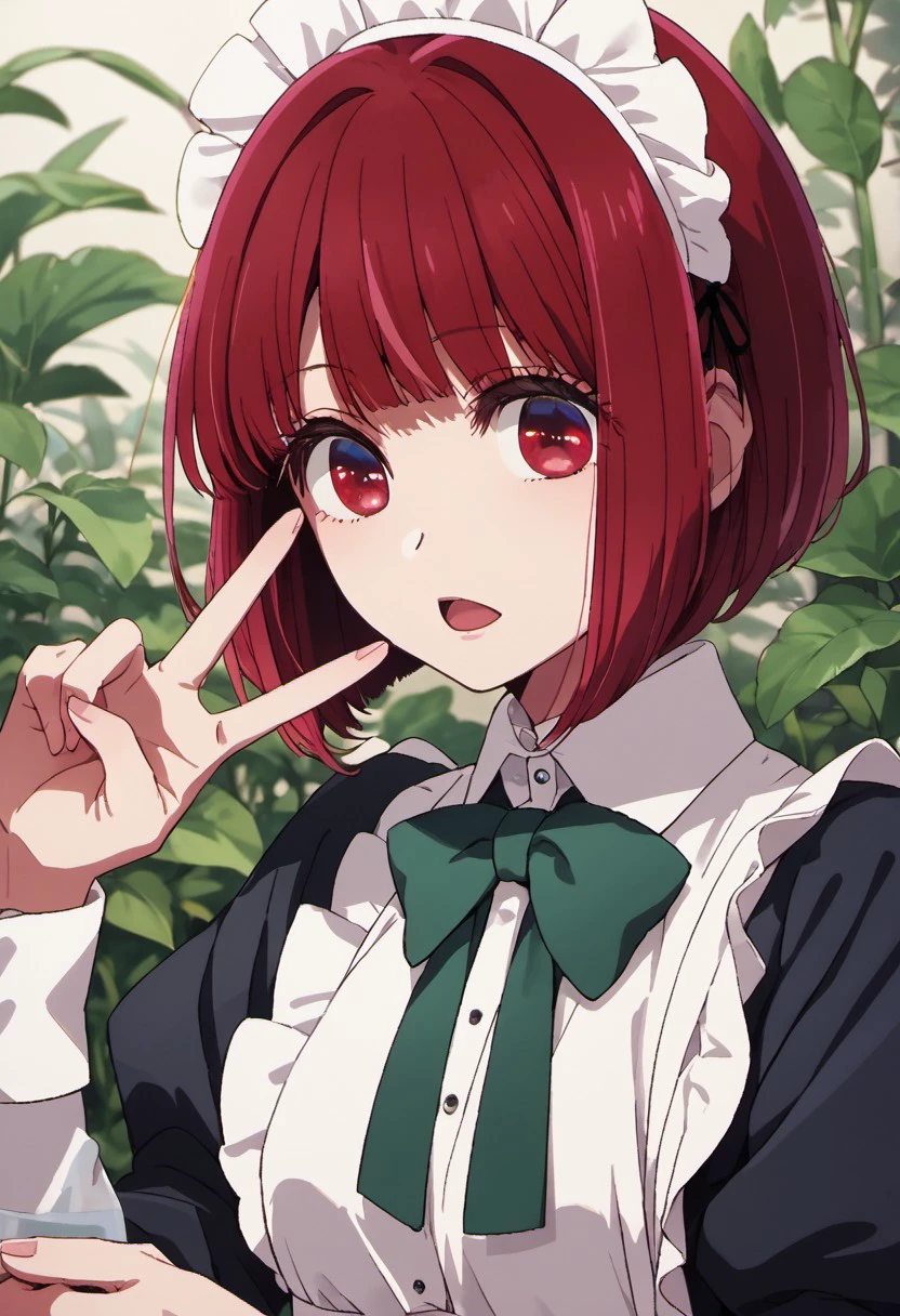 score_9, score_8_up, score_7_up, source_anime,arima kana, red hair, short hair, red eyes, 1girl, solo, bow, open mouth, plant, bob cut, v, green bow, bowtie, maid