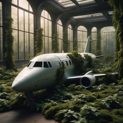 white airplane partially buried in lush, The image is a highly detailed CGI artwork depicting a surreal, almost mythical appearance., This is a photograph of a surreal, vibrant green foliage. The airplane, which covers her body and blends seamlessly with the foliage around her., with vines and leaves creeping up the glass walls, warm brown hue, each featuring large