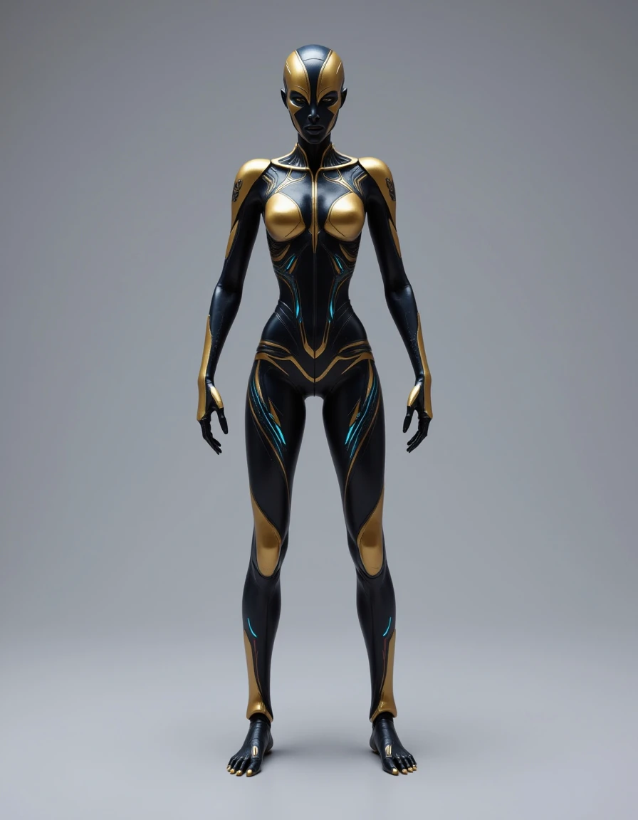 Hybrid_Hu_Al, The image is a high-resolution CGI rendering of a humanoid robot standing against a plain, gradient gray background. The robot is depicted in a futuristic, sleek design with an aerodynamic, streamlined body. Its skin is a striking combination of black and gold, with intricate, glowing blue circuit patterns and markings that highlight its mechanical structure. The body is devoid of any visible joints, suggesting a seamless, advanced material composition.