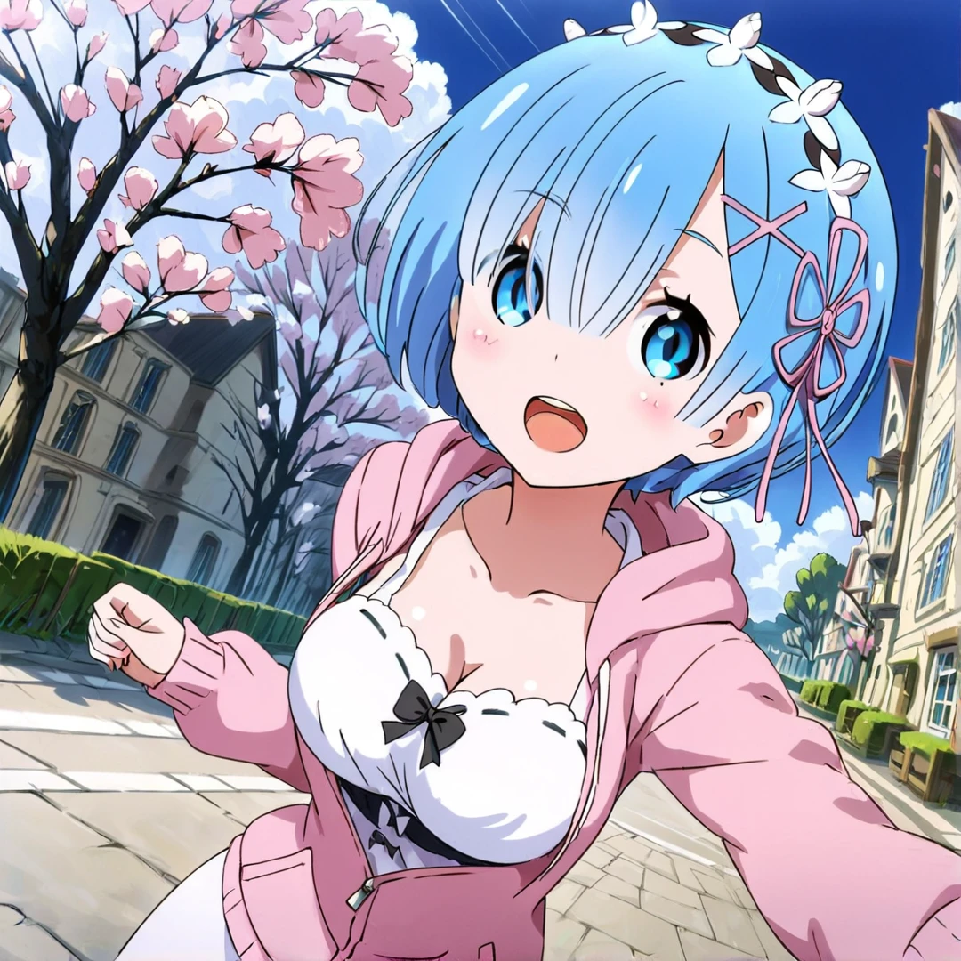 <lora:Rem:1>, rem, medium length sky blue hair that covers her right eye, large light blue eyes, has hair clips towards the left side of her hair, a flower-shaped ribbon on the same side of her hair, wears a baby blue hoodie, a pink cardigan, and 
 white jogging pants, large breasts, solo, in a street