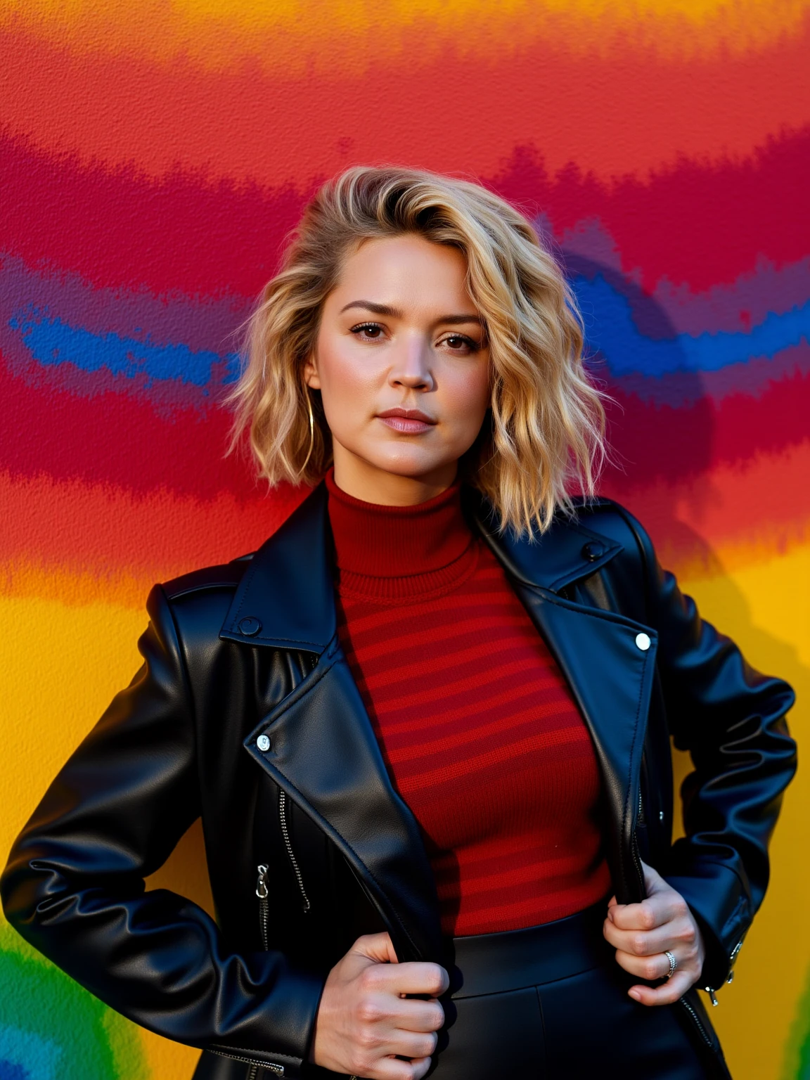 The image is a vibrant detailed portrait of Efira, a high-energy photograph featuring a woman standing confidently against a gradient textured wall background that transitions from deep red at the top to a bright yellow at the bottom, with a hint of blue and green in the middle left and right. The woman has shoulder-length, wavy dyed blonde hair styled in loose, voluminous waves. She has a striking, confident expression with her eyes looking directly at the camera and her lips slightly parted. 
She is dressed in a stylish, form-fitting outfit that includes a black leather jacket with a stripes textured  red turtleneck sweater. The leather material of her outfit appears smooth and slightly shiny, with a subtle texture that suggests a high-quality, polished finish. Her hands are placed on her hips, exuding a powerful stance.
