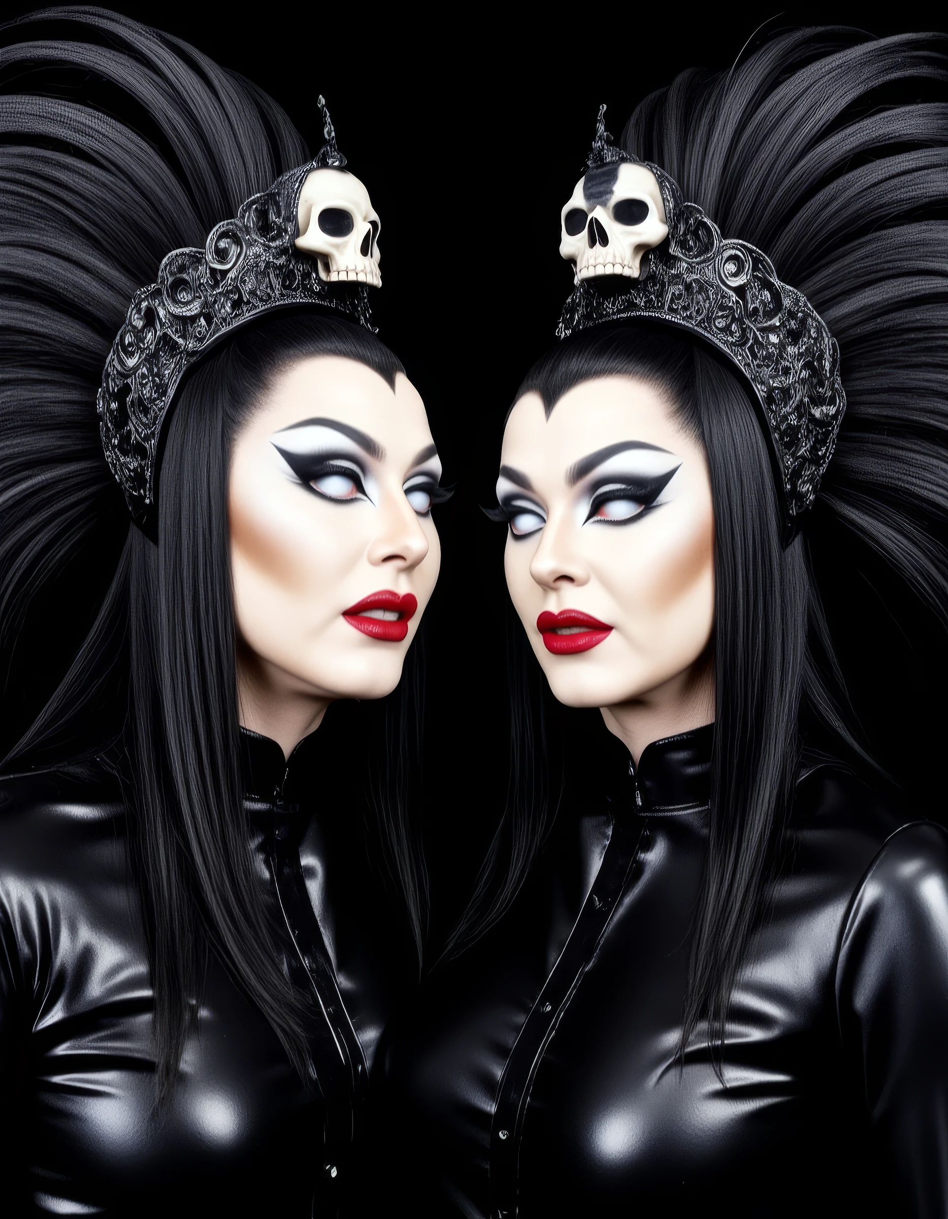 The image is a high-resolution photograph featuring two drag queens with striking, dramatic, androgynous makeup and attire. Both subjects have long, dark hair styled in a wild, flowing manner and are adorned with elaborate, intricate headpieces featuring skulls and ornate, skeletal-like designs. Their faces are painted in dramatic, gothic makeup with dark eyeliner, red lips, and white, heavily emphasized cheekbones, giving them an ethereal, otherworldly appearance. Their eyes are pure white, with no visible pupils or irises, creating a mysterious and haunting appearance. One performer is larger then the other. <lora:flux_bouletbrothers:1>