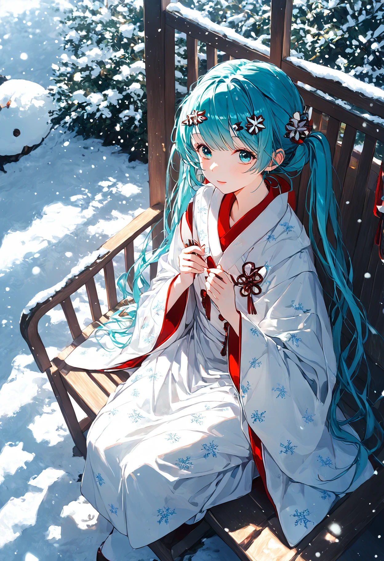 score_9,score_8_up,score_7_up,,source_anime BREAK, 1girl, solo,, s1_dram, from above, on snow park chair, , , SHM13, hatsune miku, NOwataboushi, 1girl, japanese clothes, white kimono, hair ornament, aqua hair, long hair, twintails, aqua eyes, yuki miku, snowflake print, wide sleeves, <lora:S1_Dramatic_Lighting_v2:0.8>,<lora:éªãã¯13:1>