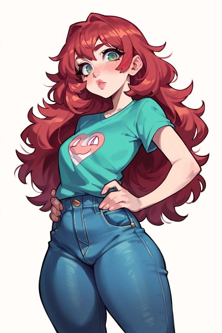 <lora:Mix1:1>, score_9, score_8_up, score_7_up, score_6_up, score_5_up, rating_questionable, source cartoon
1girl, pretty face, pretty eyes, detailed eyes, HD eyes, thick thighs
hands on hips, standing, cowboy shot
looking at viewer, blush, eyebrows, long hair, red hair, green eyes jeans, green t-shirt, boots, high waisted jeans
simple background, white background