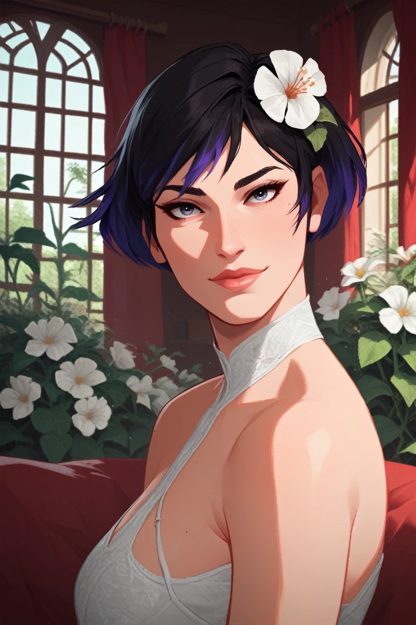 score_9, score_8_up, score_7_up, 
<lora:TKReina:0.8>
TKReina, 1girl, black hair, purple hair, multicolored hair, short hair, looking at viewer, indoors, overgrowned, bedroom, flowers, white flowers, vines