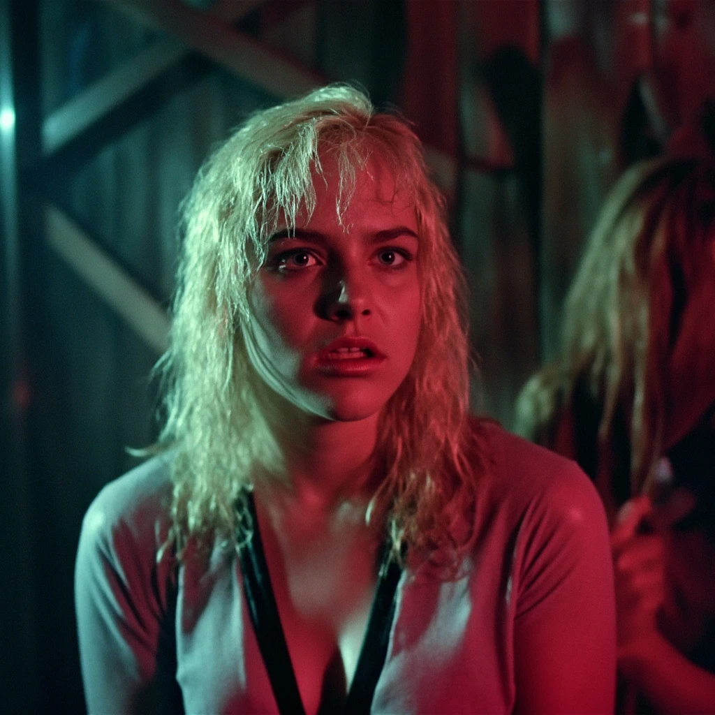 Cinematic,, harsh direct lighting, full body shot, a beautiful sexy petit girl wearing 80s outfit, blue eyes, 80s blonde hair, in camp crystal, ultra detailed textures, 80s photography, Ultracam 35mm, (grainy film:1), in camp crystal where jason voorhees lurks around, She looks serious.