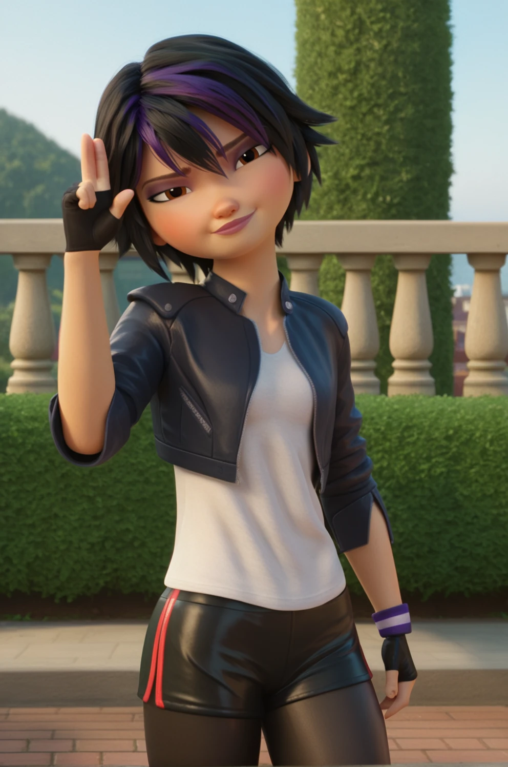 score_9,score_8_up,score_7_up, BREAK gogo tomago,3d, 1girl, solo, black hair, black bike shorts, black fingerless gloves, short hair, brown eyes, black leather jacket, standing, upper body,salute,hand up, black capri pants,blue patches, purple hair, streaked hair, lips, looking at viewer, (smirk:0.5), open jacket, thighs, cropped jacket, white t-shirt, sleeves pushed up, sleeves rolled up,  official style,2 fingers,peace sign,closed mouth,head tilt,black gloves,outdoors, tree, building, railing,pillar ,bush,brick floor, <lora:TomagoPony:1>