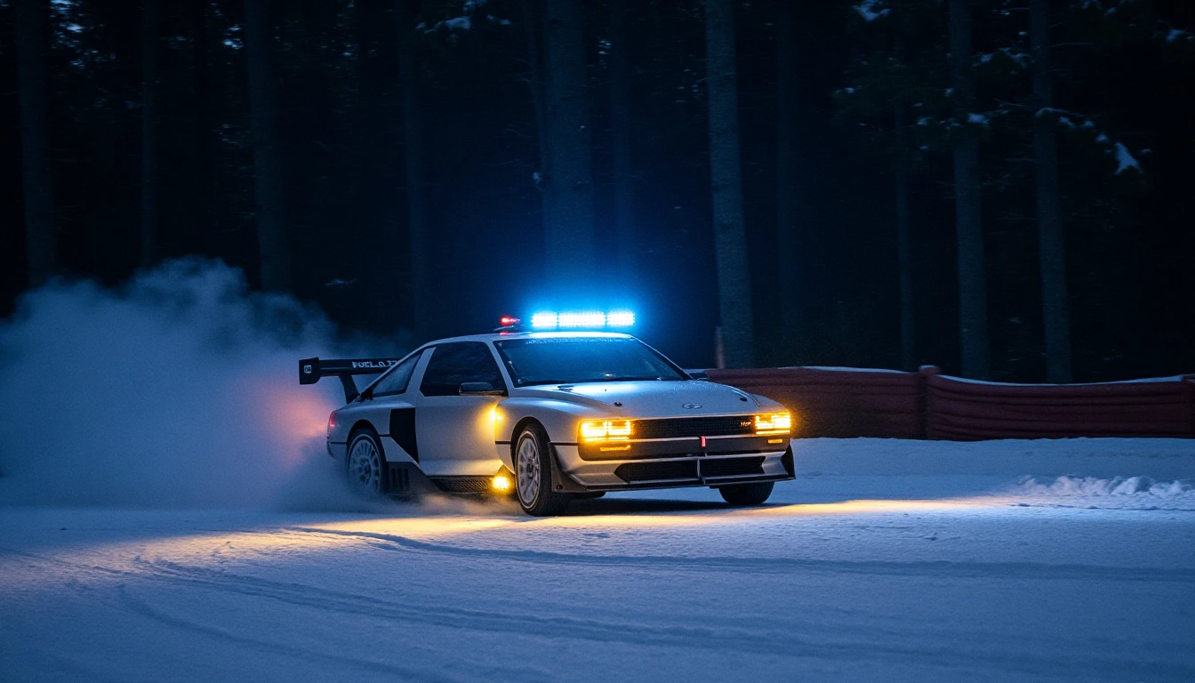 a hyundai nvision at night on a rally stage lighting up the forest with multiple driving lamps, going at speed, kicking up snow behind it.