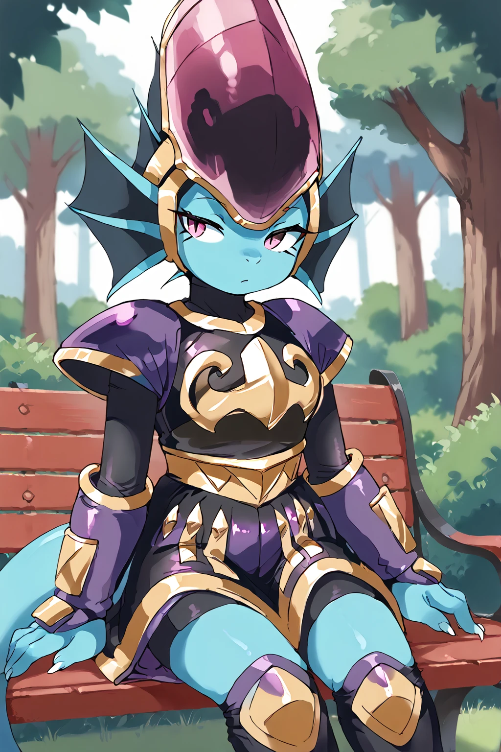 Feminine, intricate, score_9, score_8_up, score_7_up, score_6_up, score_5_up, source_anime, merga_fp, dragon, ear fins, helmet, head fin, ((armor)), leaning back, big breast, side view, on bench, sitting, armored skirt, armored kneepads,
BREAK
seductive, alluring, charming, half-closed eyes,
BREAK
<lora:pony_good_hands:1>, good_hands, better_hands,
BREAK
outdoor, park, forest, <lora:Merga_-_Freedom_Planet_2:1>