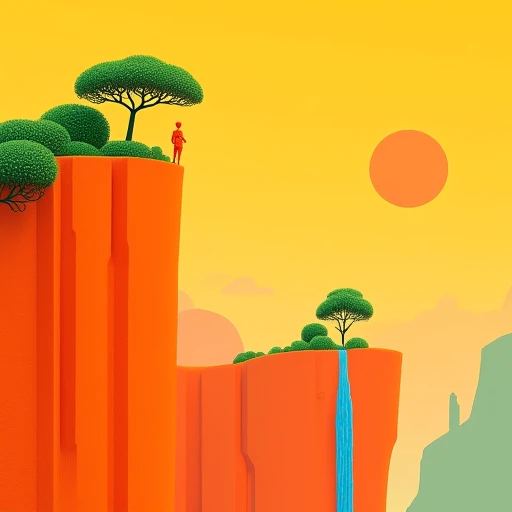 A minimalist illustration captures two towering orange cliffs crowned with lush green trees, standing like silent sentinels against a vast, vibrant sky. The scene is surreal, with the cliffs reflecting hues of cherry red, orange, and light yellow, bathed in the warm glow of a cinematic sunset. At the edge, an extremely small figure peers into the distance, gazing at a blue waterfall cascading elegantly into the abyss. The composition is bold and stylized, drawing inspiration from collage art, where whimsical shapes blend seamlessly with nature’s rugged forms. The lighting is dramatic, casting deep, intricate shadows that play across the cliffside, evoking a sense of mystery and awe. The entire scene exudes an otherworldly magic, rich with vibrant colors and fantastical undertones, creating a whimsical yet thoughtfully composed landscape that balances minimalism with complex beauty.