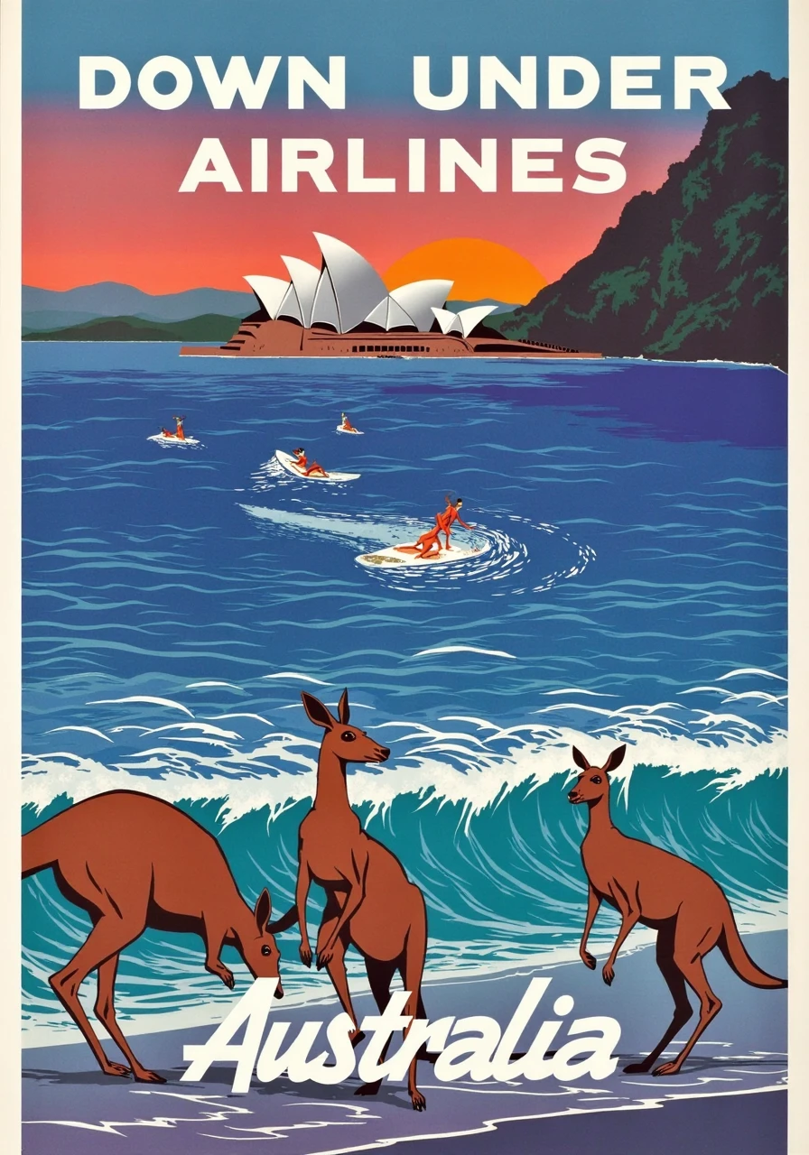 A vibrant travel poster for Australia, showcasing Down Under Airlines. The design features the Sydney Opera House and the Great Barrier Reef, with surfers riding waves and kangaroos hopping in the foreground. 