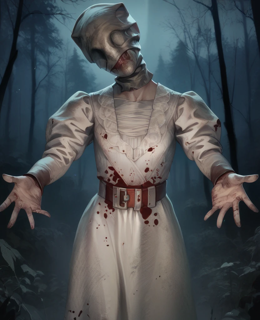 score_9,score_8_up,score_7_up,score_6_up,
sallyxk,head covered,head tilt,
white dress,long sleeves,belt,dirty clothes,belt,blood,reaching towards viewer,
night,forest,floating,
solo,
<lora:TheNurseSallyXL-dbd12l:0.9>,