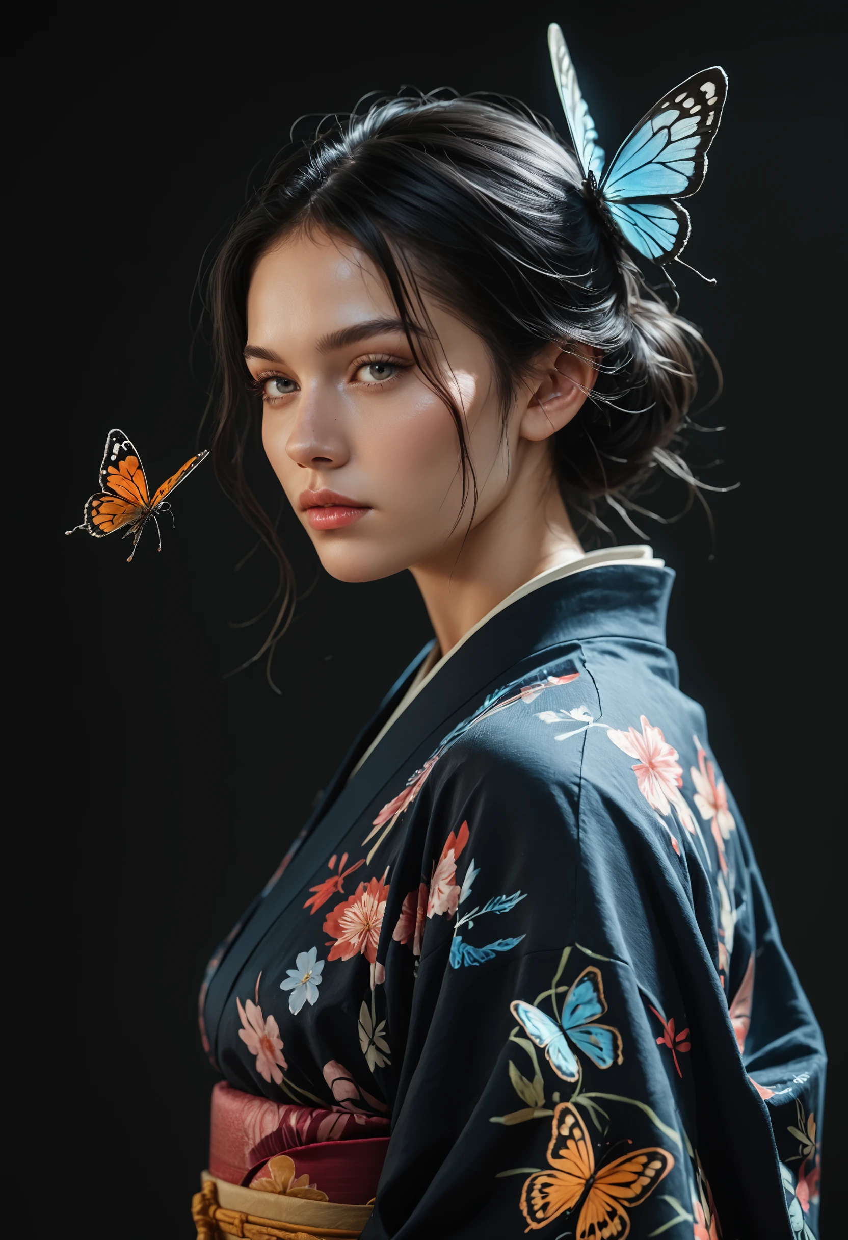 1girl, black hair, kimono, bug, butterfly, lips, solo, Score_PnyReal