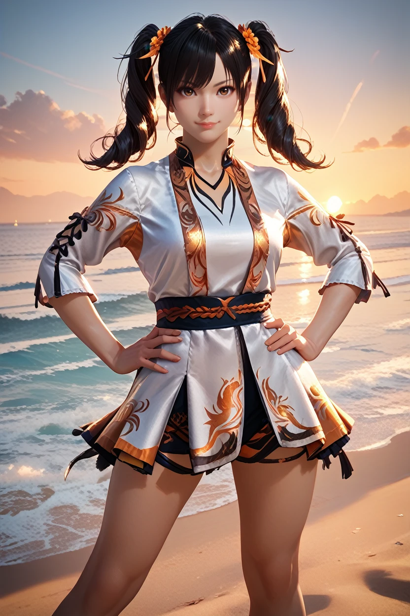 score_9, score_8_up, score_7_up, 
<lora:TKXiaoyu:0.8>
TKXiaoyu, 1girl, twin tails, black hair, brown eyes, looking at viewer, looking at viewer, serious, smiling, standing, hands on hips, spreading legs, beach, ocean, sunset, dusk