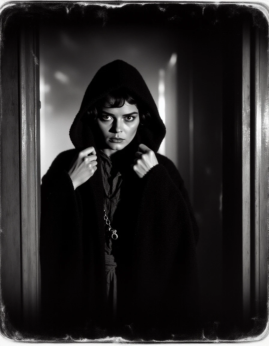 TheScaryDoor, a 1900's rough black and white photograph ,the scene is suspenseful and eerie.  close up bust portrait of a beautiful woman standing in a doorway, nervous and terrified.  She wears a hooded cloak pulled up over her head, wide eyes and her hands gripping the hood for comfort <lora:The_Scary_Door-Flux:1>