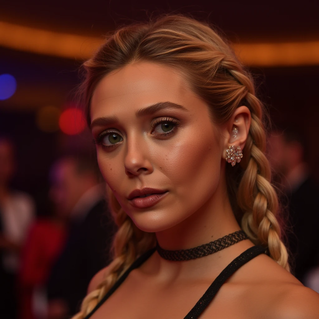 High res waist up portrait photo of a woman with her hair in platinum blonde box-braids with glittery eye-shadow and clear glossy lip-gloss. She is looking at the viewer with her mouth closed. She is wearing a thin string-like black choker and hoop earrings. In the background is a nightclub scene out of focus., , <lora:eliolsen_2017_local_164_merger_20v1_8v2_34v2_03_03_04:1>