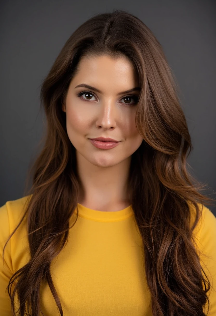 portrait photo of a woman, monocolor gdark grey background, yellow top