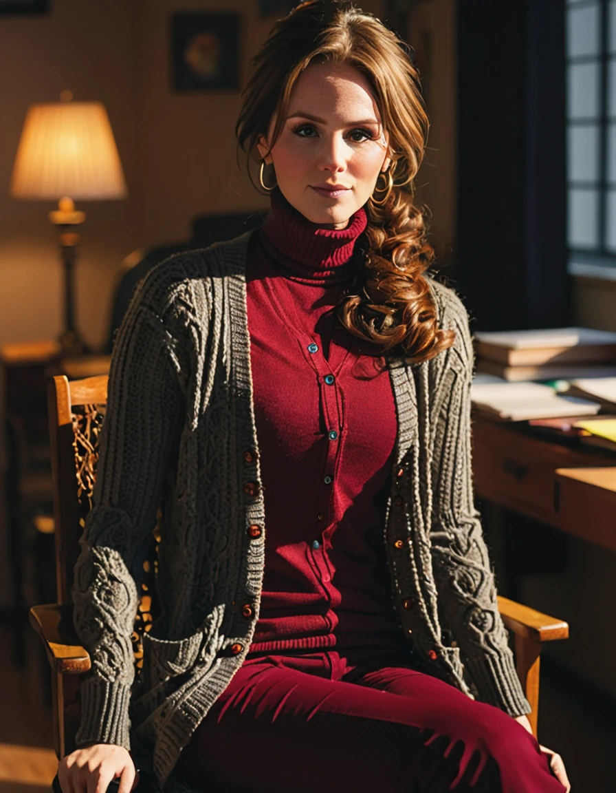 a professional sharp focus absurdres intricately detailed portrait photograph of a beautiful Ruby_O_Fee, just looking good,
wearing slim pants with a long knit cardigan sweater over a turtleneck long-sleeved shirt,
 <lora:Ruby_O_Fee-SDXLe15:1> ,
putting a tack in the teacher's chair,
 <lora:backlight style:1> backlight style, hair light,