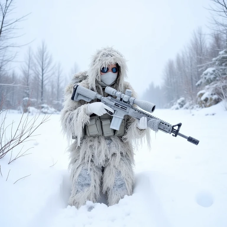 GhillieSuit,
woman stands motionless in a vast, frozen landscape, her form nearly indistinguishable from the snow-covered environment around her. She wears a ghillie suit expertly camouflaged to blend with the wintery surroundings, its white and pale grey fabric mimicking the snow and frost that cover the ground and trees. Icy twigs, clumps of snow, and frosted foliage are integrated into her suit, making her presence almost invisible to the untrained eye.
Her face is partially covered by a white balaclava, leaving only her sharp, focused eyes visibleâclear and piercing against the stark white backdrop. In her hands, she holds a sniper rifle, its barrel wrapped in white and grey fabric to prevent glare and further camouflage it against the snow. The scope glints faintly, catching the cold, pale light of the overcast sky. Frost clings to her weapon and gear, signifying the harshness of the environment.
Behind her, the snow falls gently, blanketing the barren trees and rocky outcroppings in the distance. The air is cold and crisp, with her breath faintly visible as it escapes the small gap in her mask. The sound of silence pervades the scene, broken only by the occasional crunch of snow under her feet as she moves through the icy wilderness, a silent hunter perfectly attuned to her surroundings.
The entire scene evokes a sense of cold precision, blending survival skills with the quiet, almost serene danger of the snowy wilderness. She is a ghost in the snow, ever watchful and deadly, yet as natural and unnoticed as the frost itself.
, <lora:Ghillie_suit_clothing_flux:0.8>,