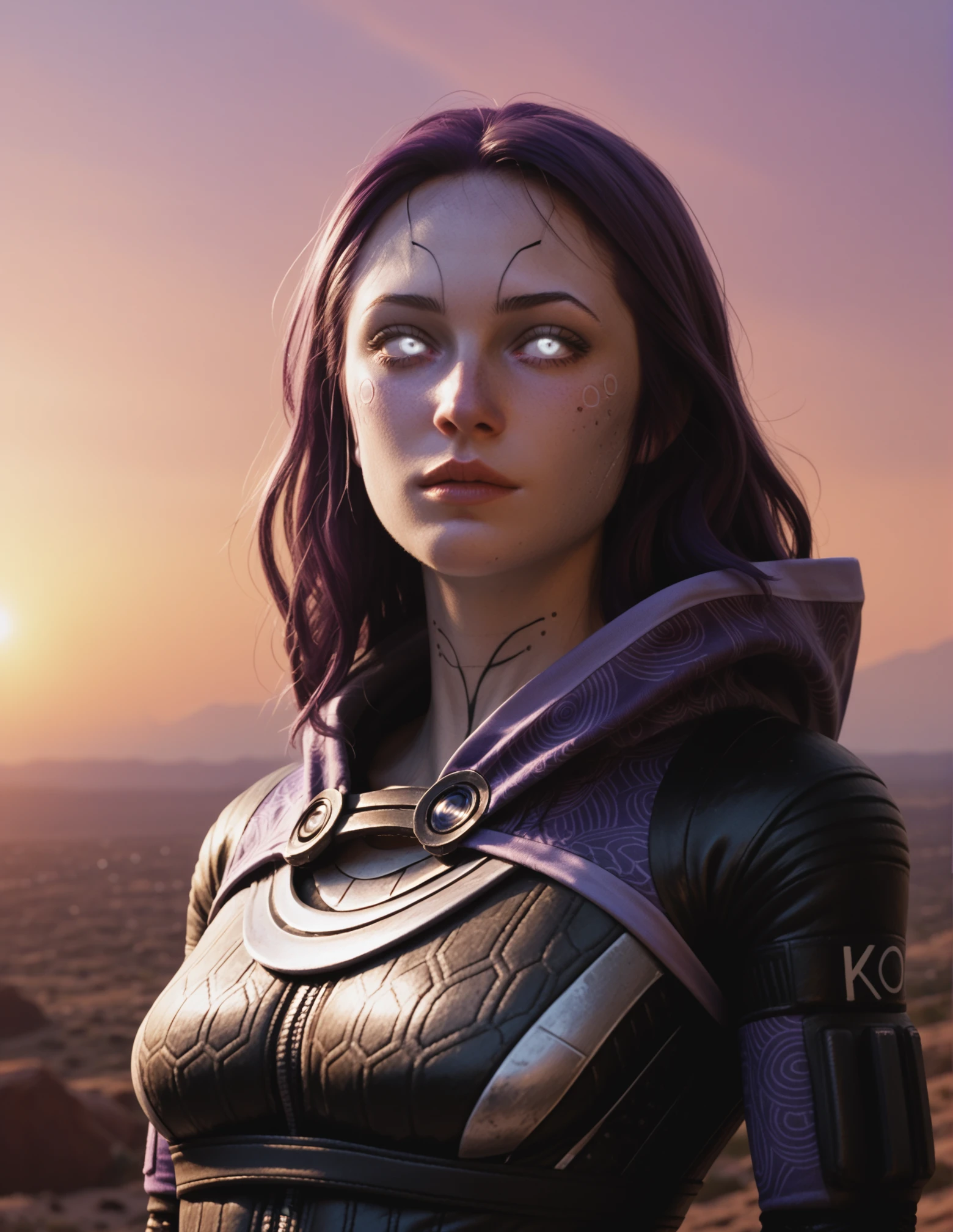 tali zorah <lora:Tali:1> bodysuit, portrait, white eyes, beautiful woman. black long hair, sunset, perfect waist, pinkish skin, slim, purple atmosphere, purple sky, hood,looking at the discance, tattoos, score_9, score_8_up, score_7_up, score_6_up