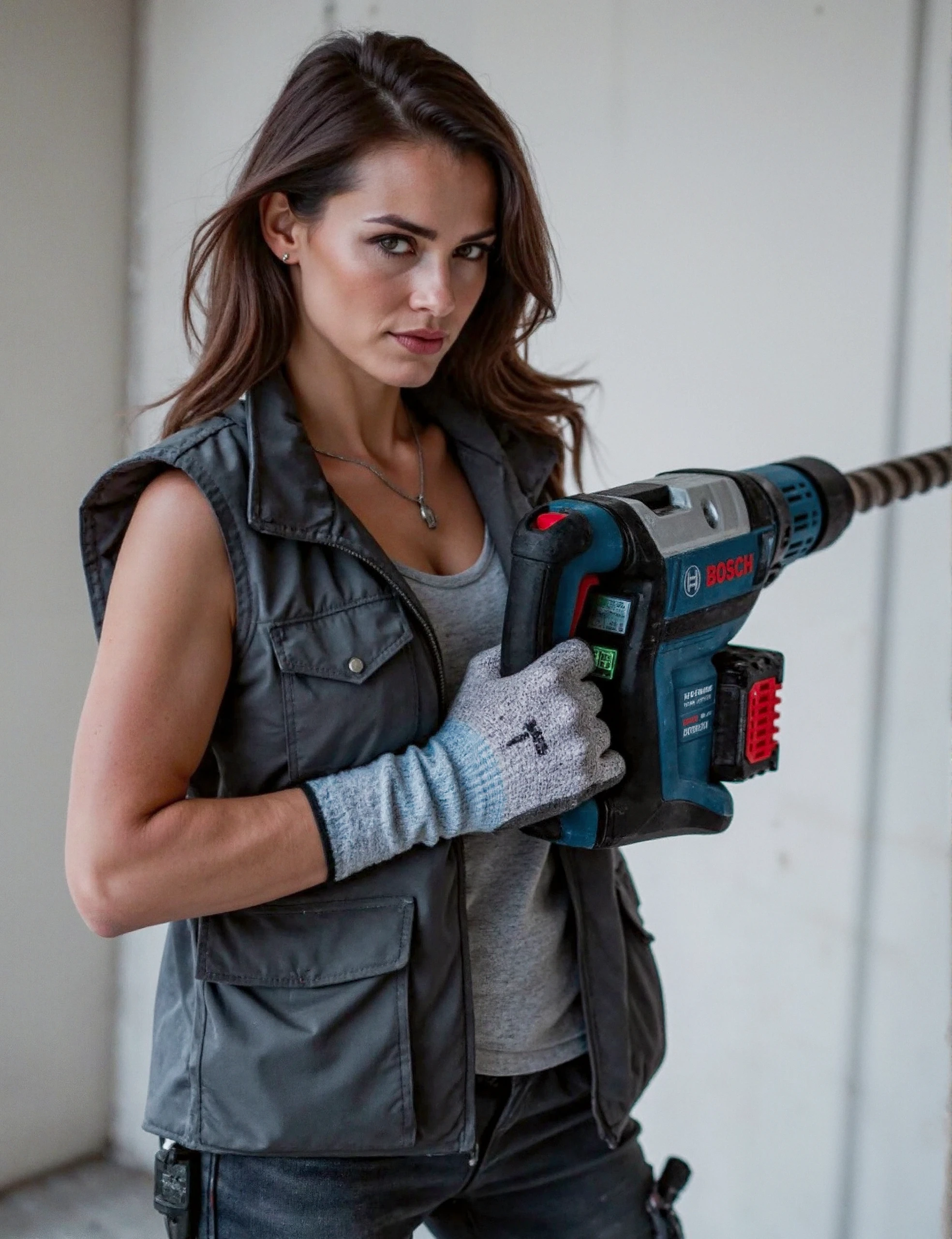 cinematic,
dynamic action pose, A confident, strong supermodel woman, bombshell, huge breasts, stands against a minimalist backdrop, holding a powerful Bosch hammer drill in her gloved hands. The drill features a sleek blue body with red accents, immediately recognizable by the bold BOSCH logo displayed on the side. The hammer drill’s visible battery pack is firmly locked in place at the bottom, adding to its rugged, industrial look.

She wears a fitted, sleeveless construction vest with reflective strips, combining both style and utility. Her gloves are thick, professional-grade, gripping the handle of the tool with ease. The drill’s metallic bit gleams under the soft, industrial lighting, and the coiled power cord loosely wraps around her arm, adding a sense of readiness. Her stance is strong and capable, exuding both professionalism and confidence, as if she’s about to tackle a tough project with precision.

The background is clean and muted, with soft lighting focused on her and the tool, emphasizing the strength and durability of the Bosch equipment. The scene feels empowering, merging style with industrial practicality, showcasing the reliability and performance of the Bosch hammer drill in action