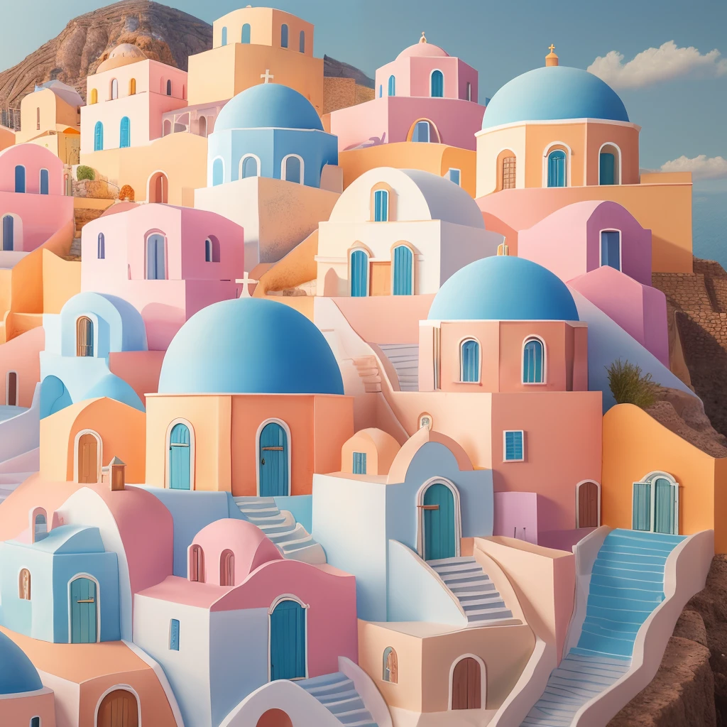 pastel color paper art of a village in greece, 3D, detailed, realistic