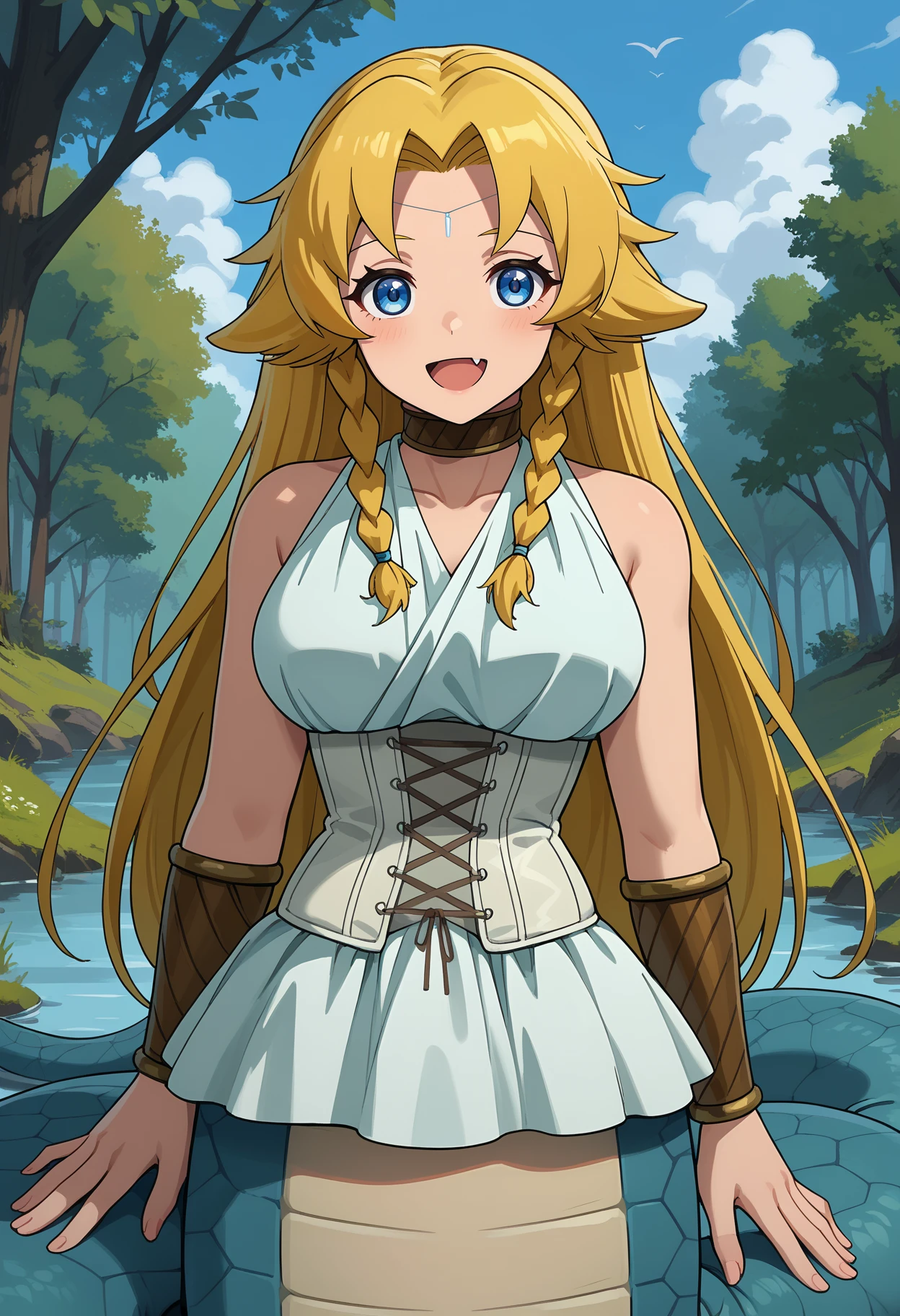 score_9, score_8_up, 
<lora:SayounaraRyuusei_CelinaXL:0.9>, CelinaSRKJ,
1girl, open mouth, light smile, skin fang,
long hair, blonde hair, parted bangs, hair flaps, twin braids, blue eyes, circlet,
sleeveless dress, white dress, choker, corset, bracer, lamia,
arms at sides, looking at viewer,
outdoors, forest, blue sky,