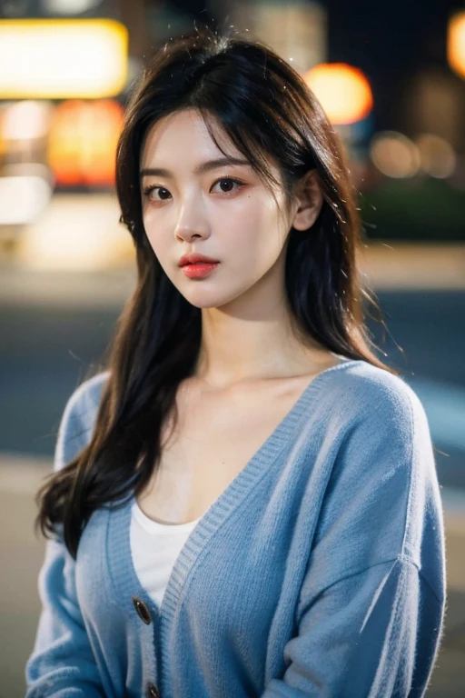 masterpiece, best quality, ultra-detailed, ultra high res, (photorealistic:1.4), raw photo, (realistic:0.2), 8k HDR, realistic lighting, 1girl, solo, (asian:0.2), asymmetrical hair, outdoor, night, (simple background:1.4), bokeh, (detailed lips), (detailed pores), (detailed skin textures), (detailed face:1.2), (body:1.2), a woman in a  light blue cardigan, promotional image, dark blue jeans, a character portrait,