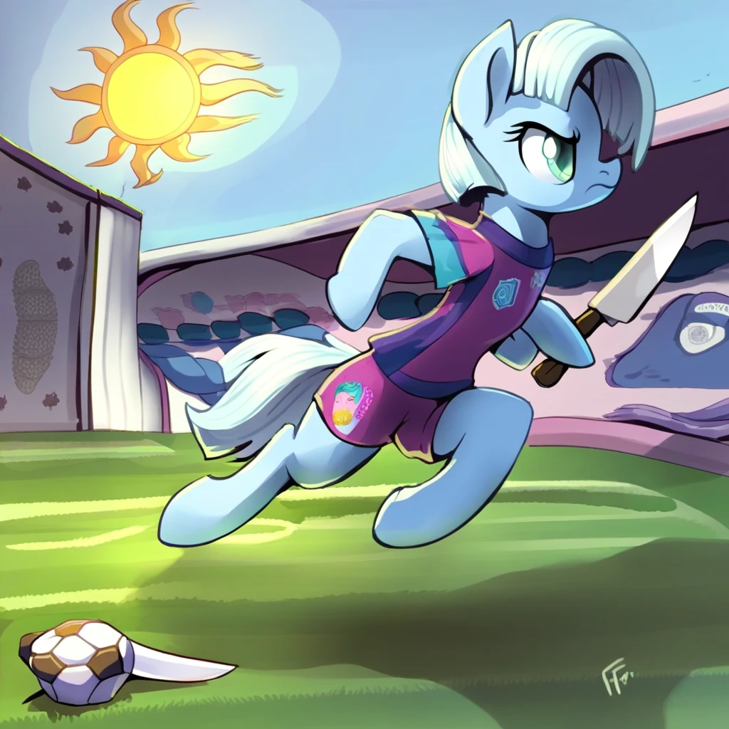 score_9, score_8_up, source_cartoon, flat color, mlp, tracy cage, anthro, pony, cyan skin, green eyes, white hair, short hair, knife, running, soccer uniform, soccer ball, soccer field, sky, sun, sfw