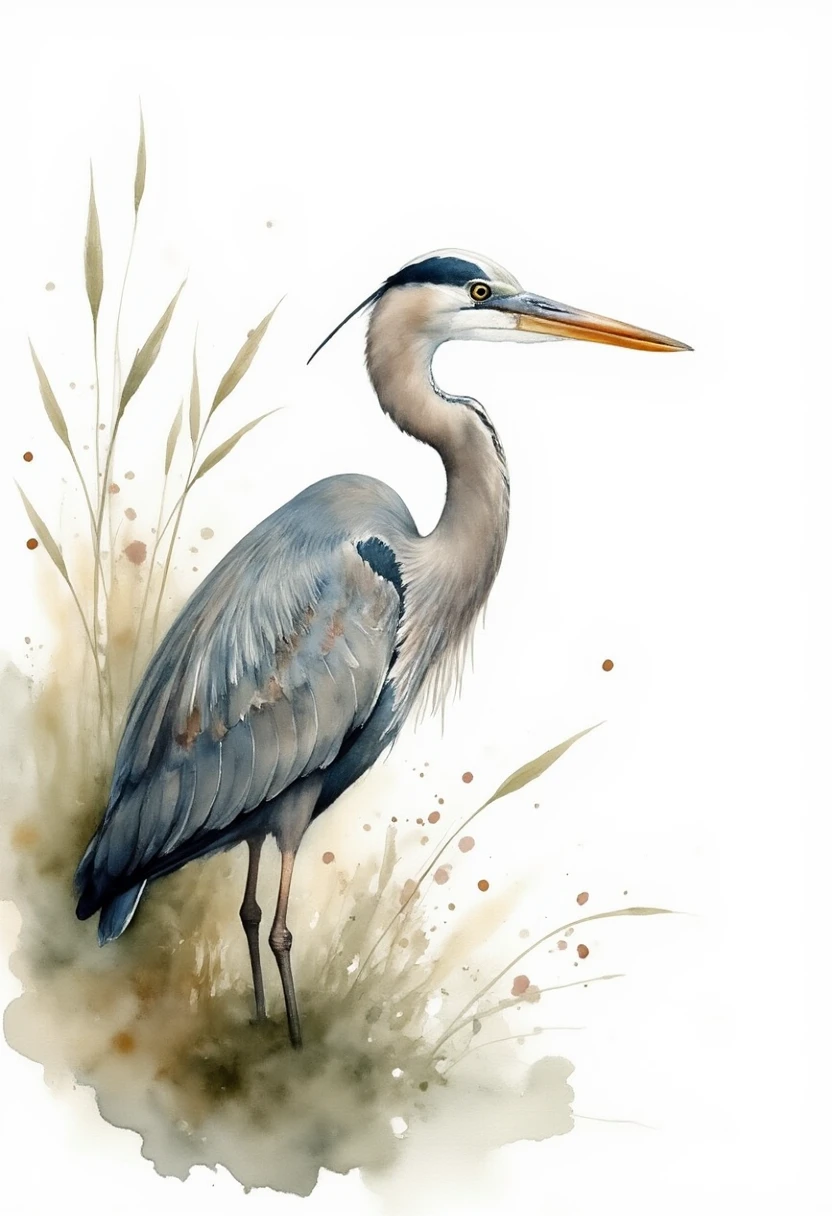 a watercolorpaintin in kk_wcolor style of heron in the reed hunting for fish