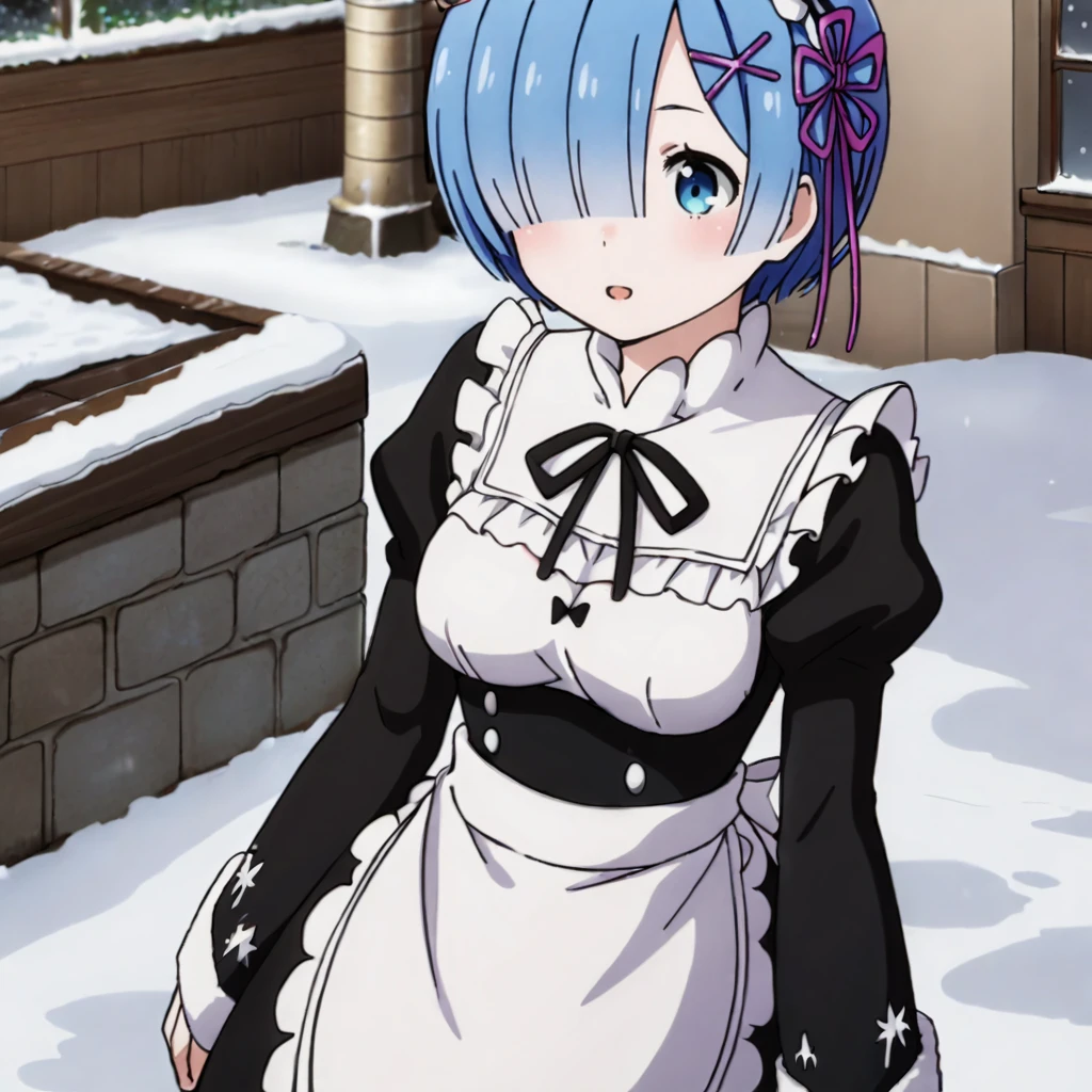 <lora:remrezero_pony_v1:.8>  RemWinter, 1girl, roswaal mansion maid uniform, short hair, blue eyes, blue hair, x hair ornament, hair over one eye, hair ribbon, maid headdress, black ribbon, white apron, dress, long sleeves, waist apron, frills, neck ribbon, purple ribbon, breasts, pink ribbon, bangs, cowboy shot