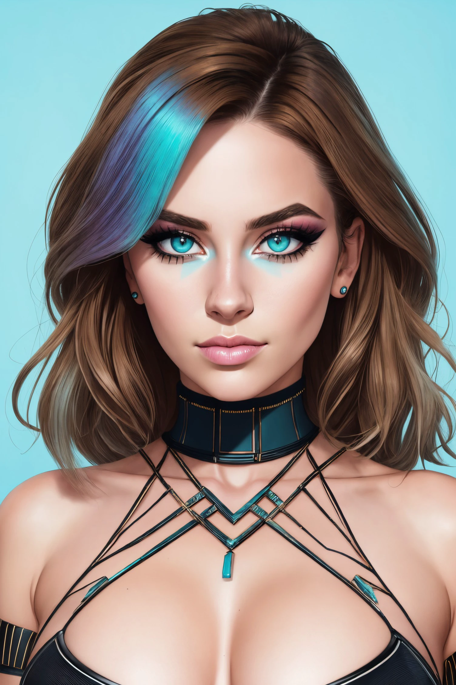 fancy woman with Futuristic Punk aesthetic, (brown eyes realistic eyes:1.1), detailed pupils, makeup
1980s, woman ([Aurora|Hildegard|Isolde]:0.9), (audra:0.6), centered, looking at viewer, , beautiful young woman, symmetrical face, perky breast, , incredibly detailed, imperfect skin, realistic skin, glamour model,
wearing pinstripe pattern, Post-apocalyptic wasteland and rusted structures,
, , HDR, professional, studio quality, highres,
detailed Cyan background,
realistic, real life, detailed, RAW, analog,,